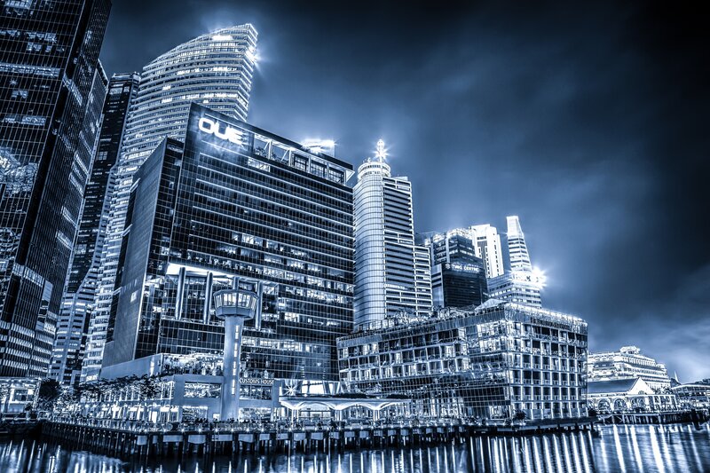 Modern City Skyline — Blue, Dramatic, Night, Photograph, Skyscrapers
