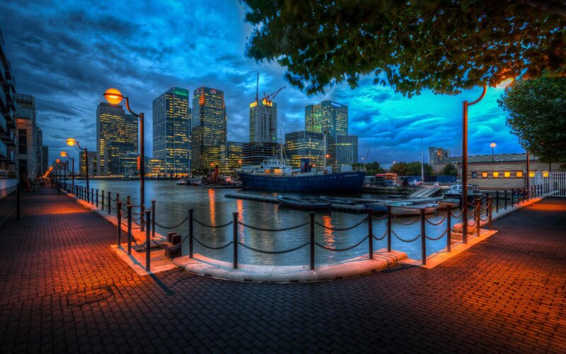 Modern City Skyline — Blue, Dramatic, Night, Photograph