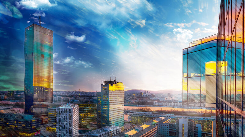 Modern City Skyline — Blue, Dramatic, Sunset, Digital Art