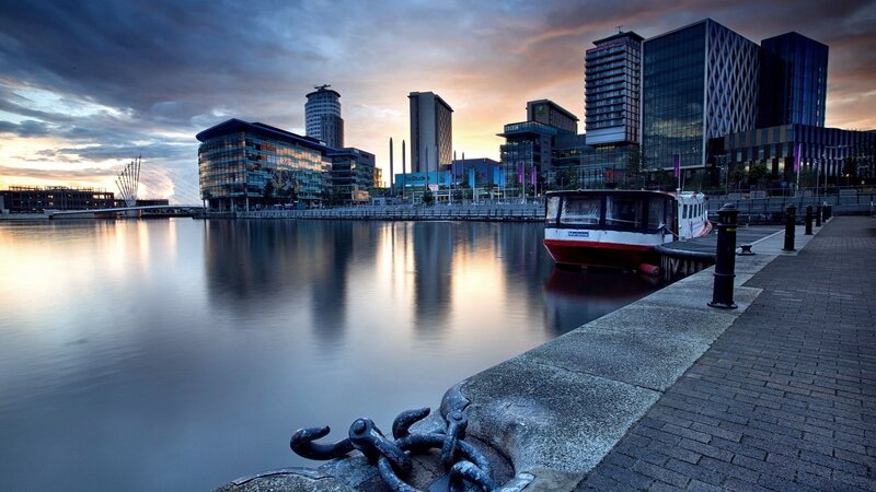 Modern City Skyline — Blue, Dramatic, Sunset, Photograph, River