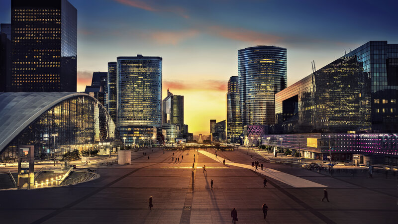 Modern City Skyline — Blue, Dramatic, Sunset, Photograph, Skyscrapers, Pedestrians