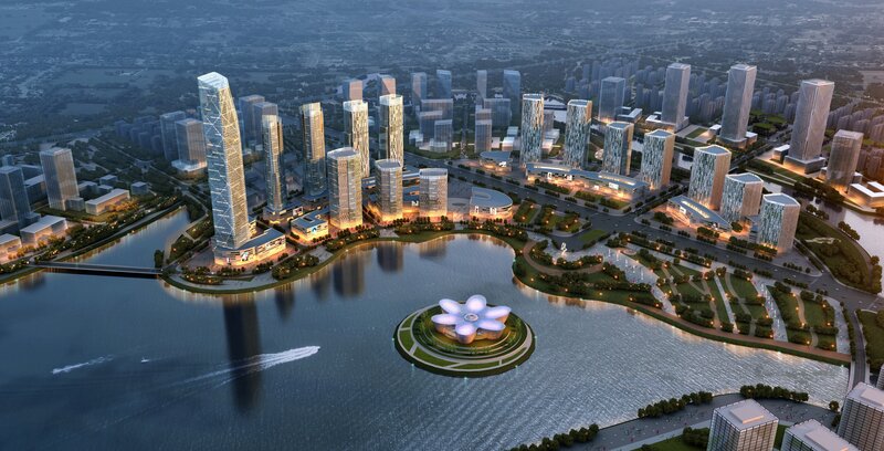 Modern City Skyline — Blue, Serene, Night