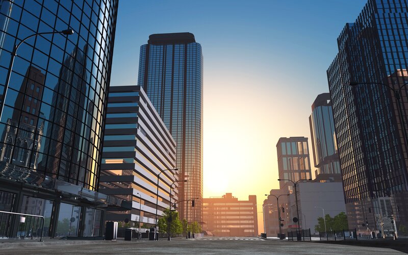 Modern City Skyline — Blue, Serene, Sunset, 3d Render