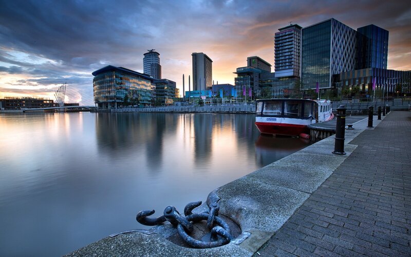 Modern City Skyline — Blue, Serene, Sunset, Photograph