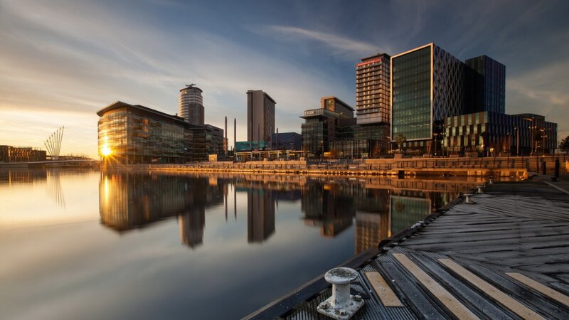 Modern City Skyline — Blue, Serene, Sunset