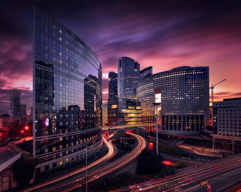 Modern City Skyline — Purple, Dramatic, Sunset