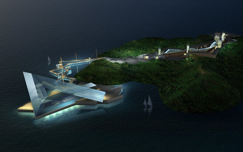 Modern coastal architecture at night