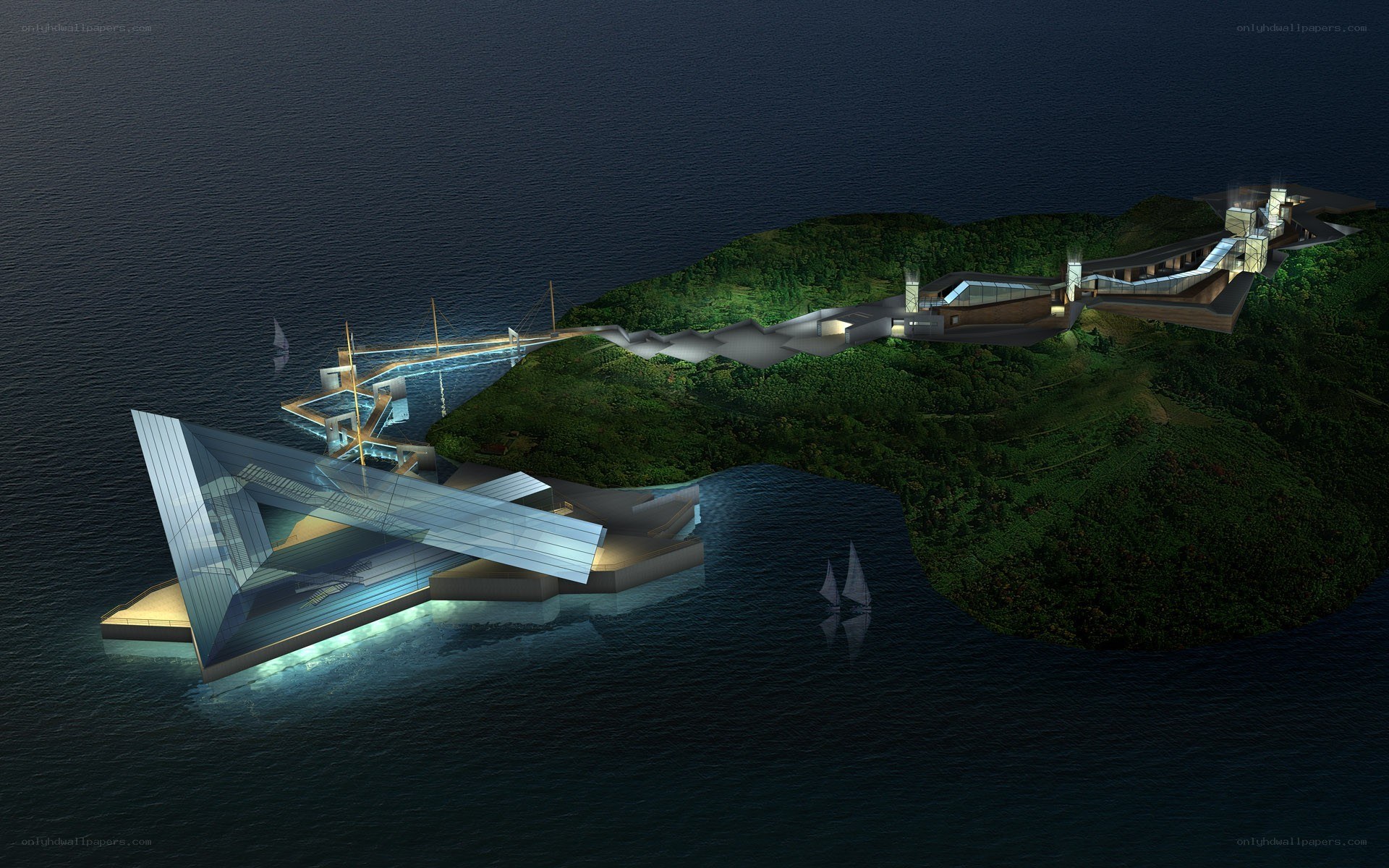 Modern coastal architecture at night