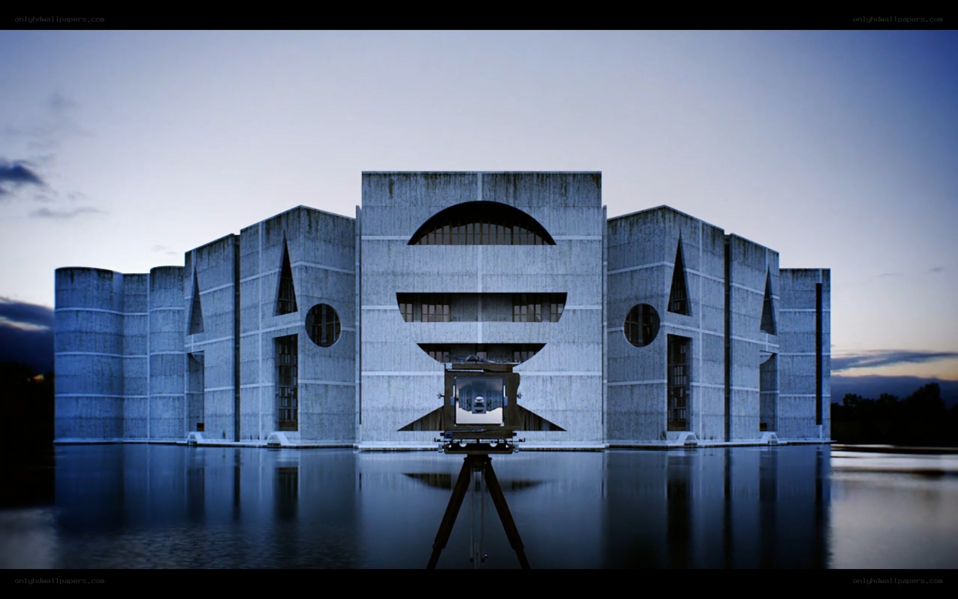 Modern concrete building at dusk