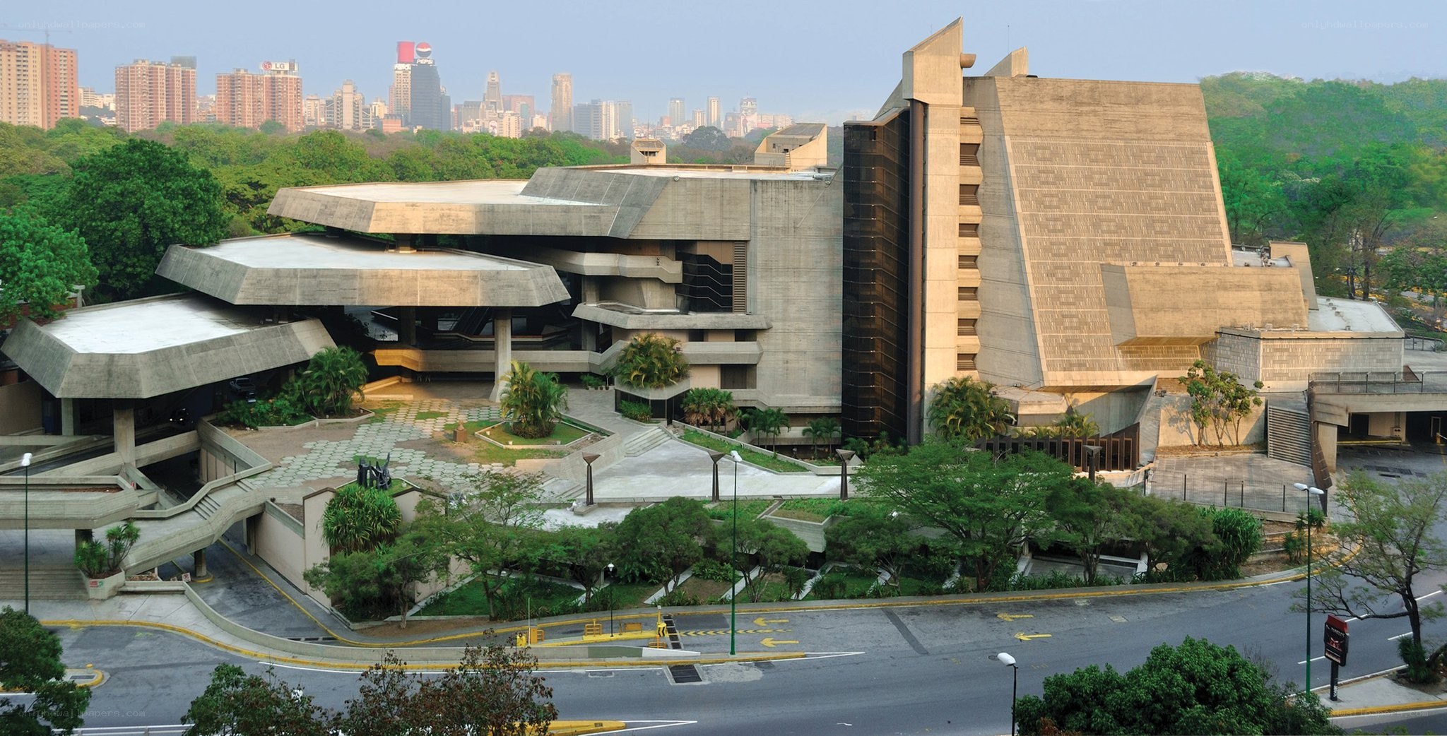 modern concrete building with city view