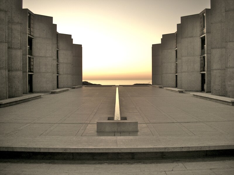 Modern concrete plaza at sunset