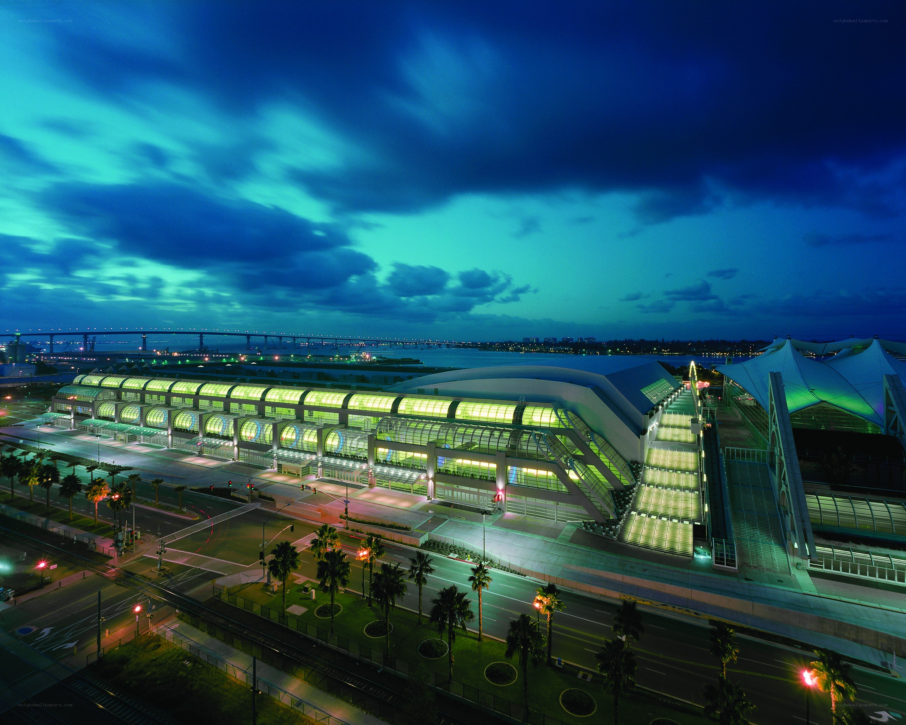 modern convention center at dusk