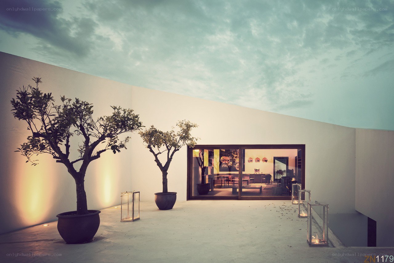 Modern courtyard at dusk