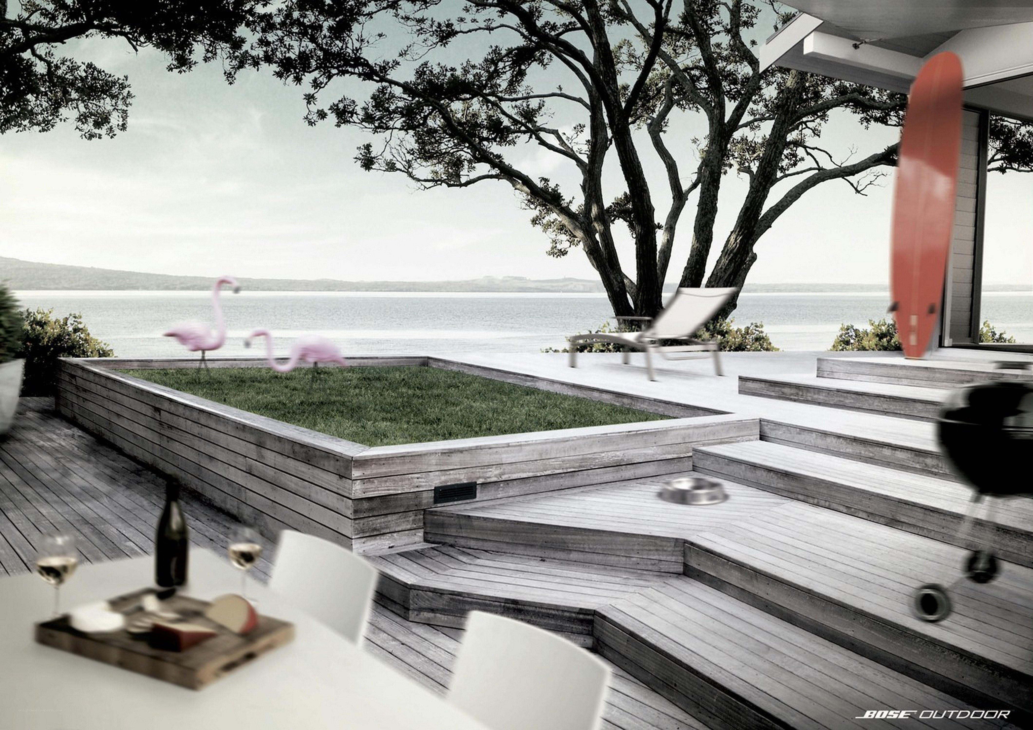 Modern deck with flamingos