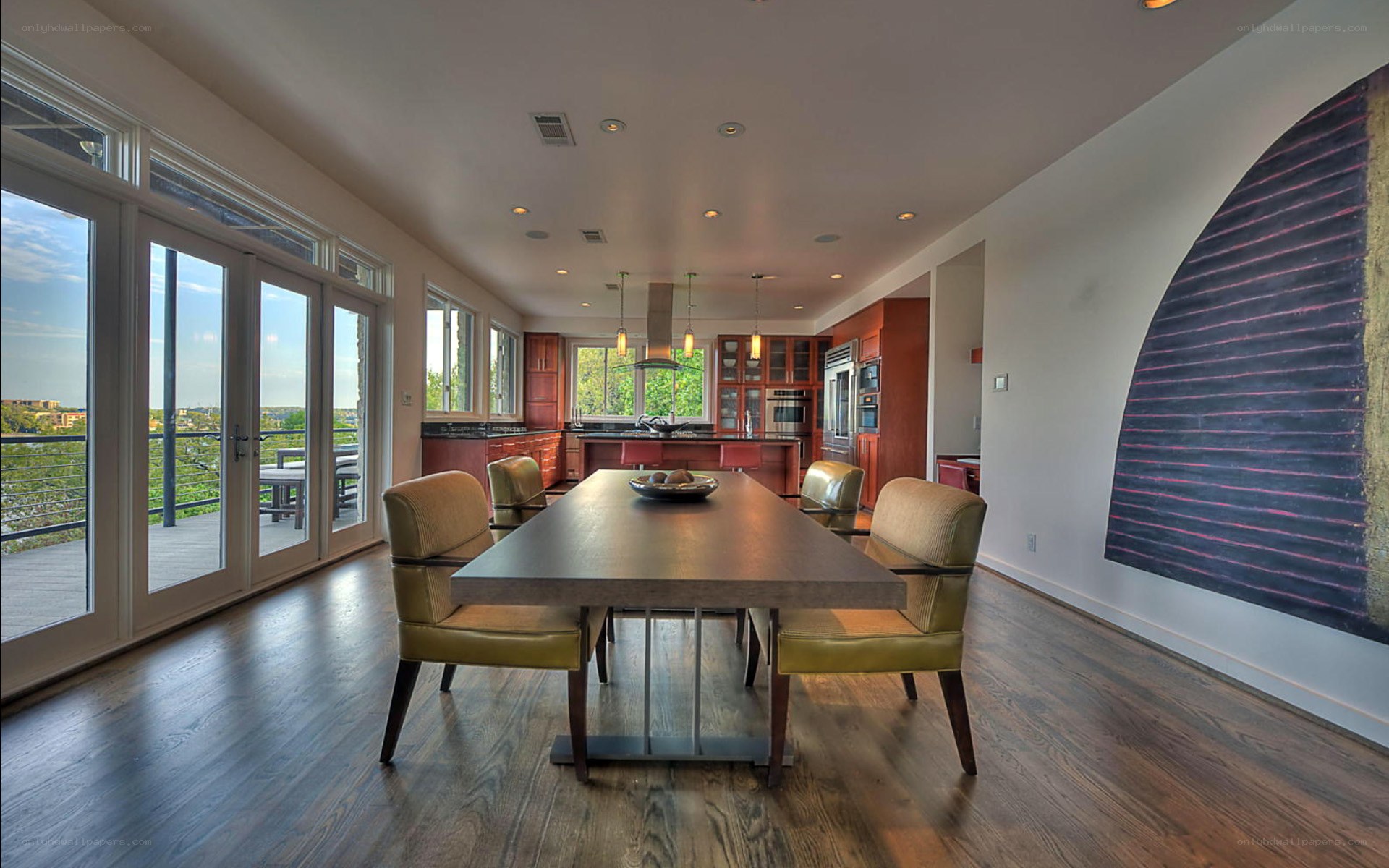 Modern dining area with kitchen view