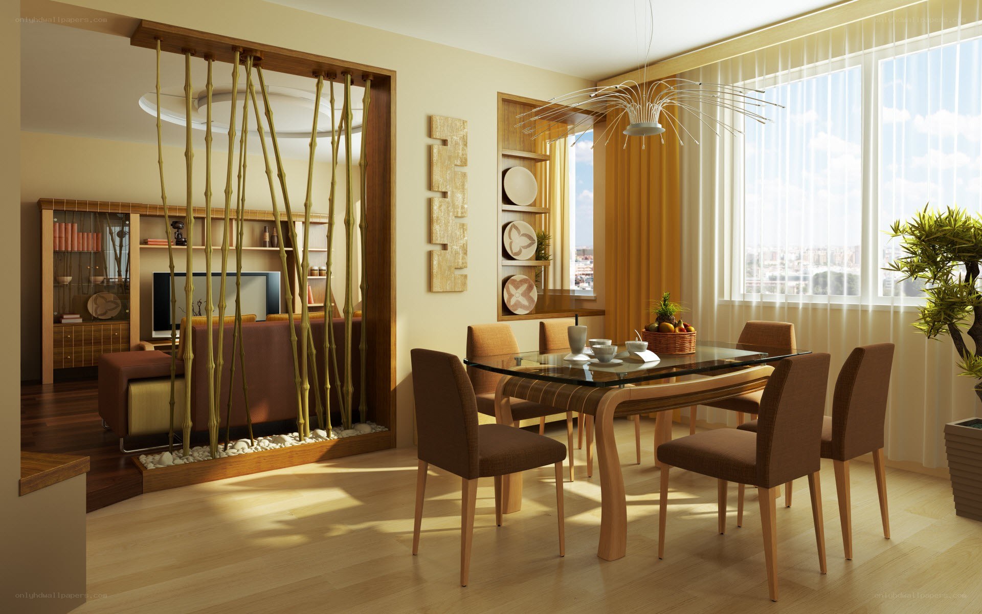 Modern dining room with bamboo divider