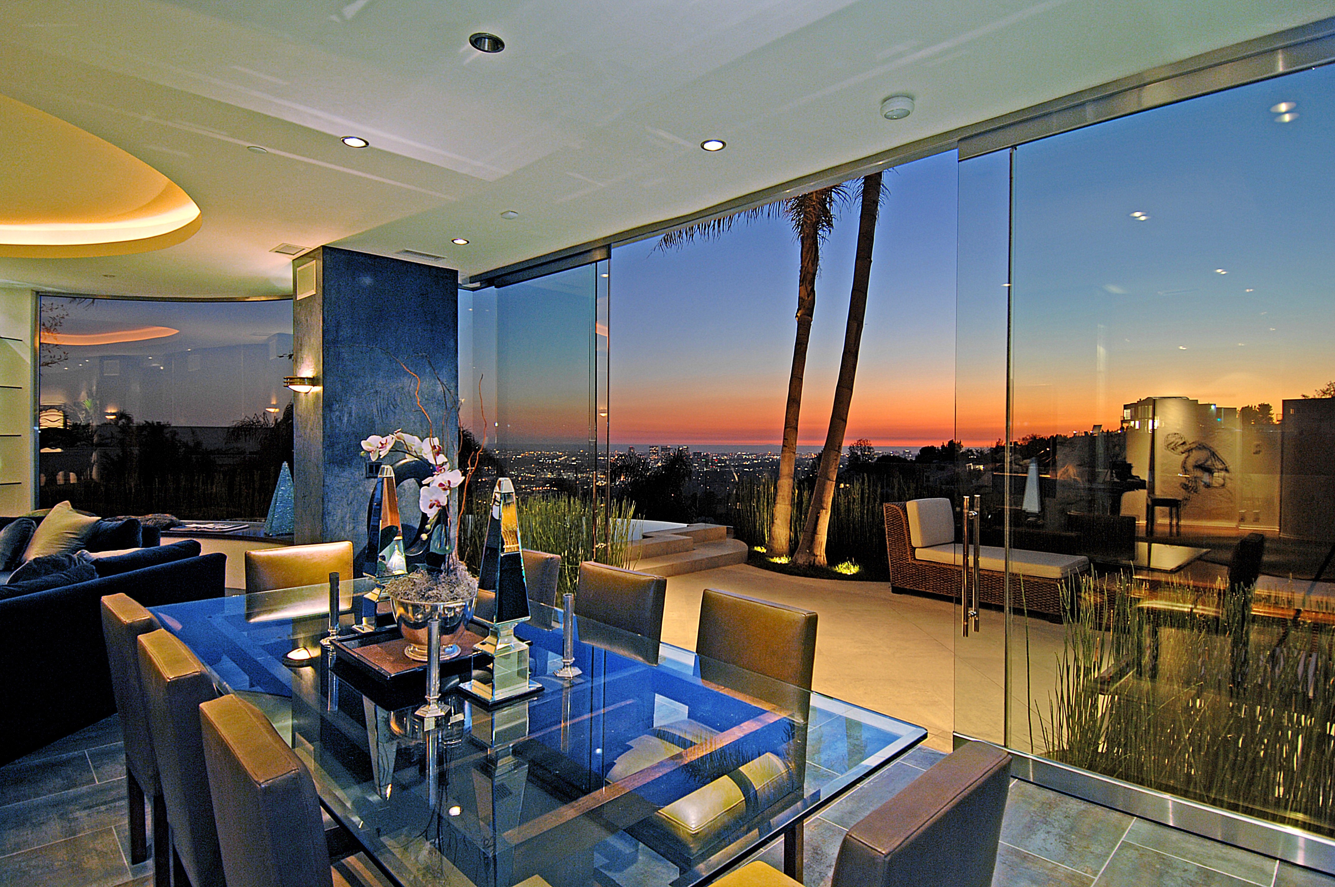 Modern dining room with city view