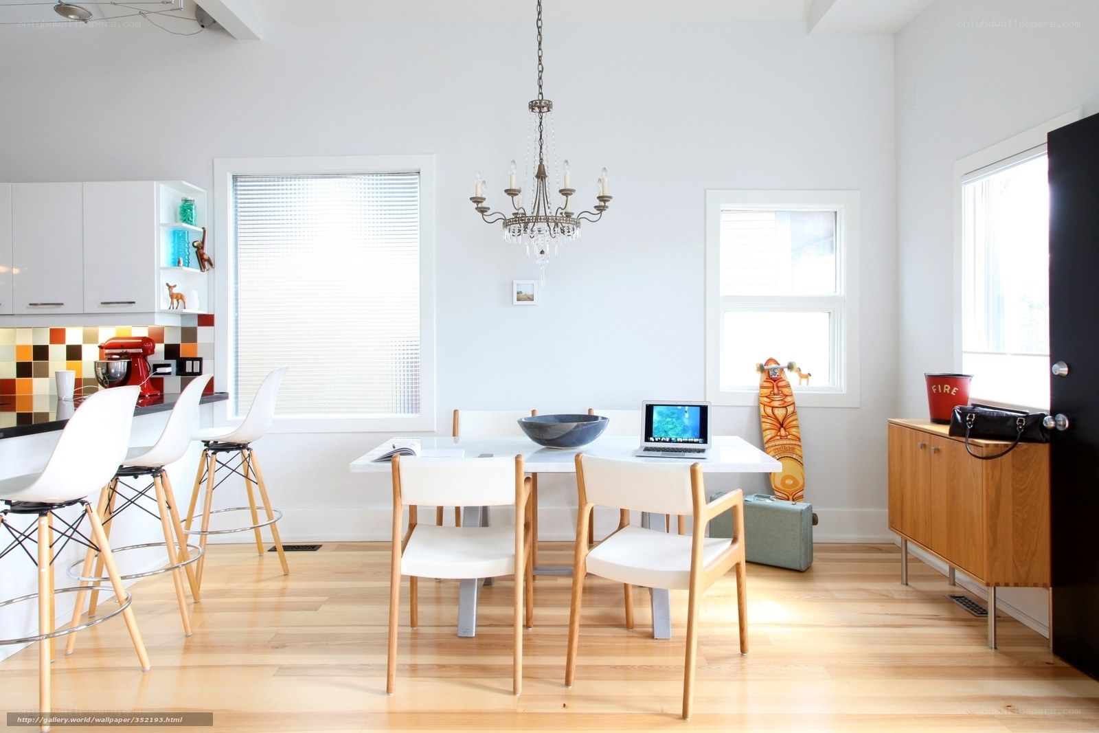Modern dining room with kitchen view