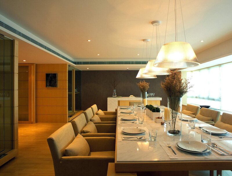 Modern dining room with long table