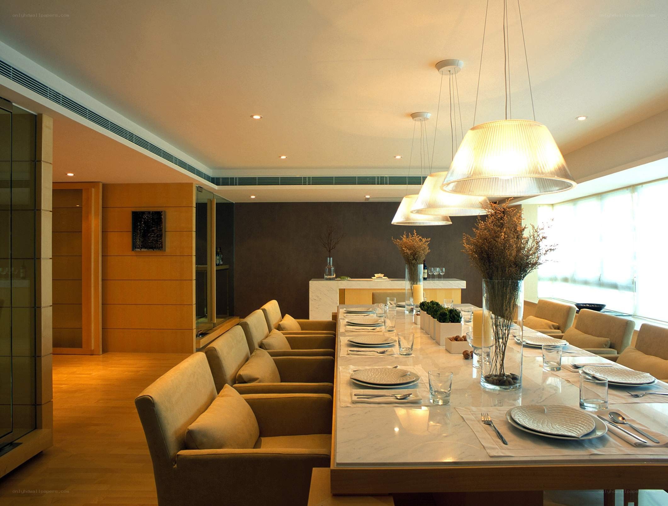 Modern dining room with long table