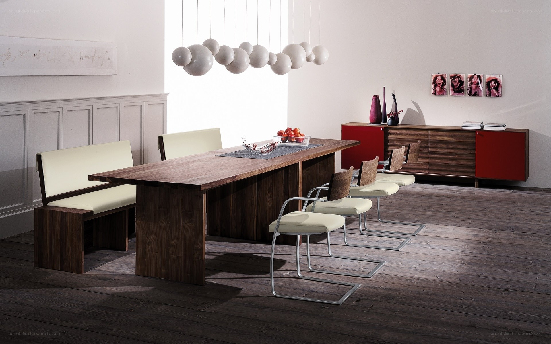 Modern dining room with wooden table