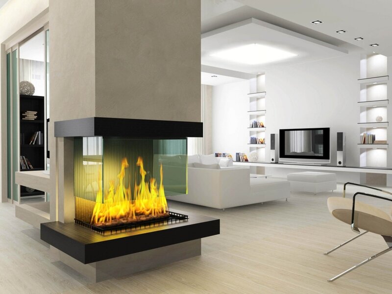 Modern Fireplace in Living Room — White, Minimalist, 3d Render, Sofa