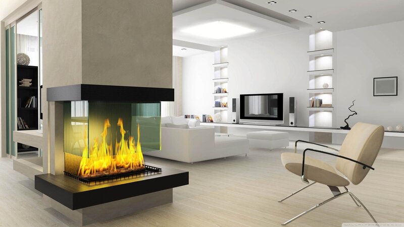 Modern Fireplace in Living Room — White, Minimalist, 3d Render