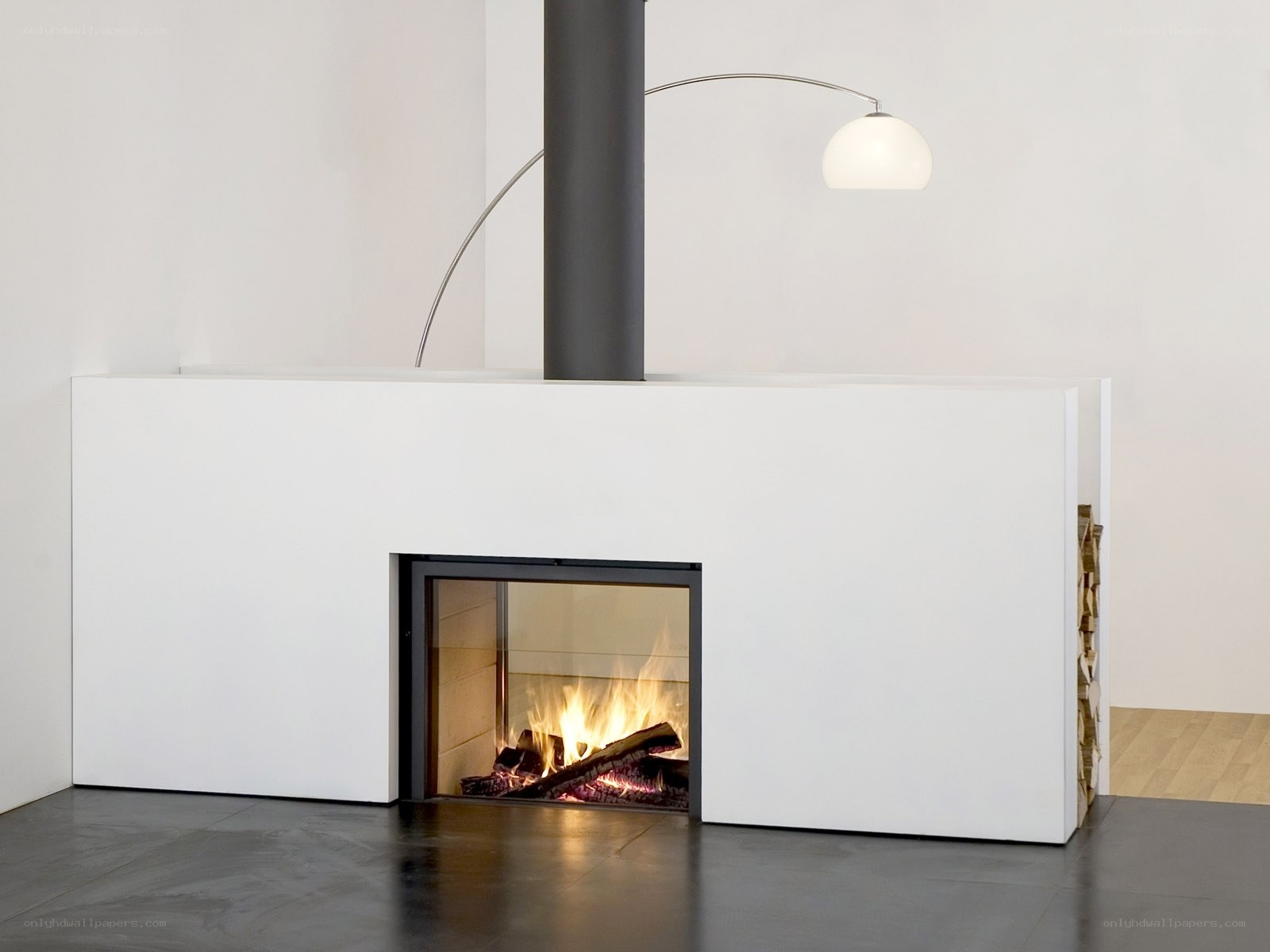 Modern fireplace with lamp