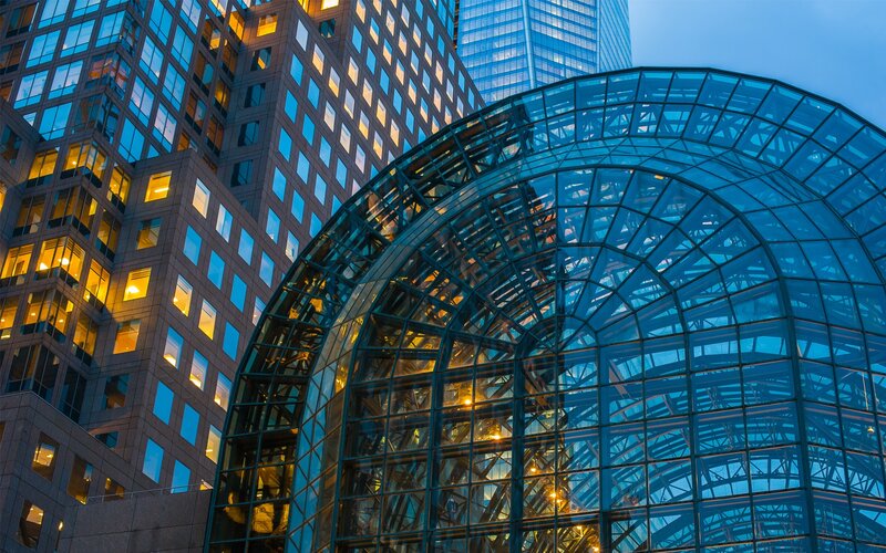 Modern glass architecture at dusk