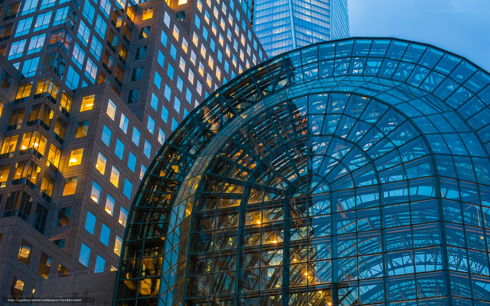 Modern glass architecture at dusk