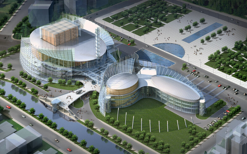 Modern glass architecture complex
