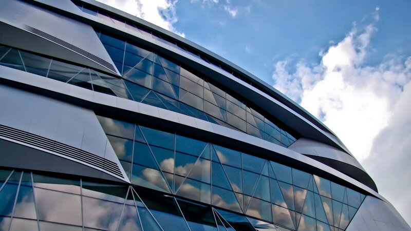 Modern Glass Building — Blue, Dramatic, Afternoon, Photograph, Sky, Clouds, Windows, White