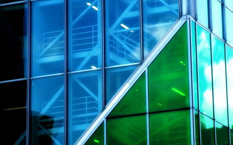 Modern Glass Building — Blue, Dramatic, Photograph, Windows, Stairs