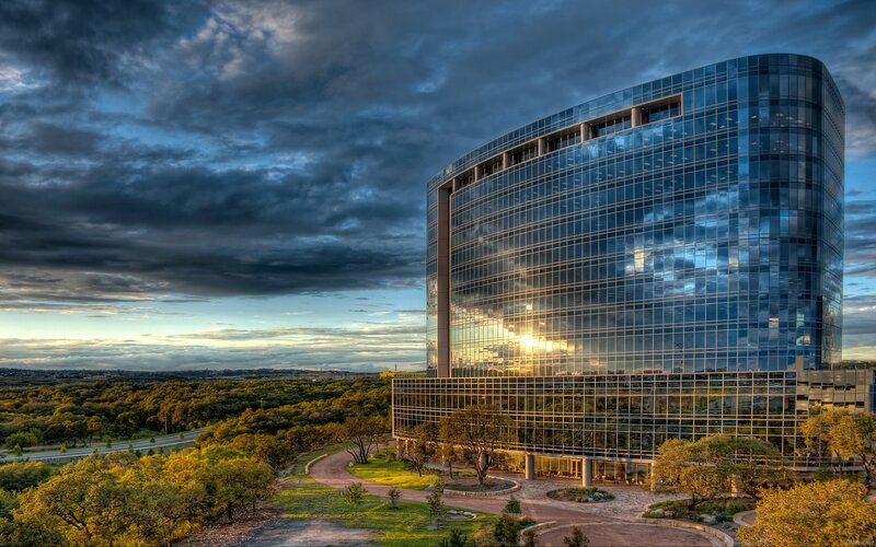 Modern Glass Building — Blue, Dramatic, Sunset, Photograph, Clouds
