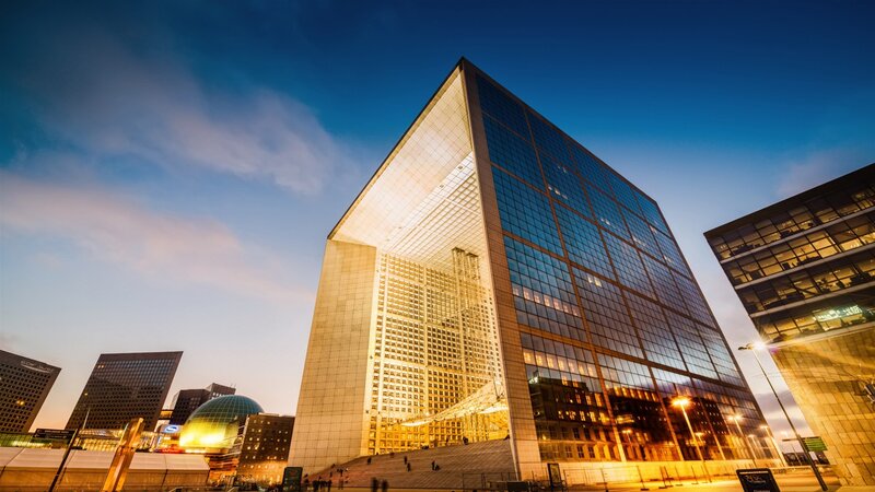 Modern Glass Building — Blue, Dramatic, Sunset, Photograph, Skyscraper