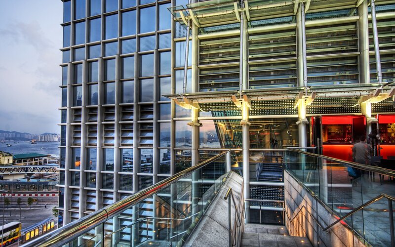 Modern Glass Building — Blue, Dramatic, Sunset, Photograph, Stairs