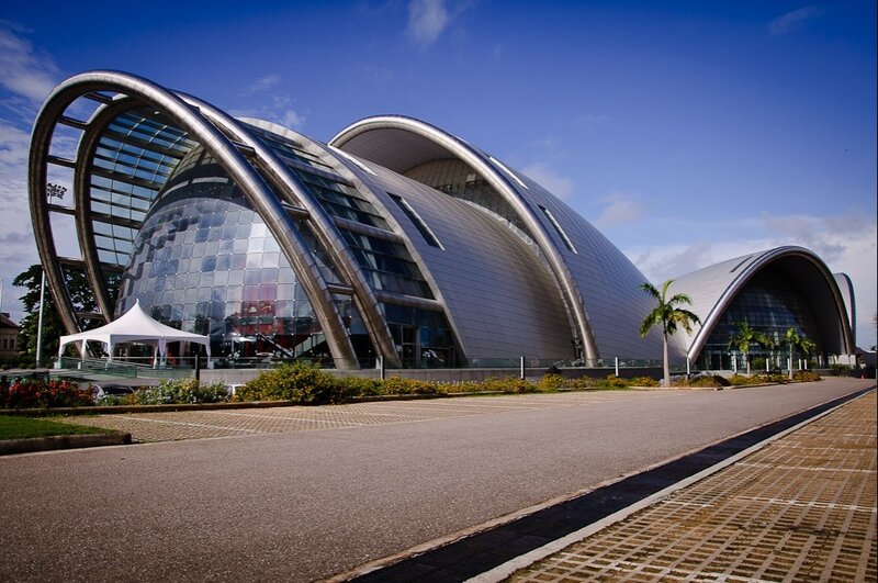 Modern Glass Building — Blue, Serene, Afternoon, Photograph, Palm Tree