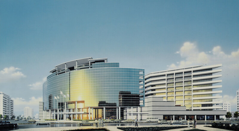 modern glass building complex