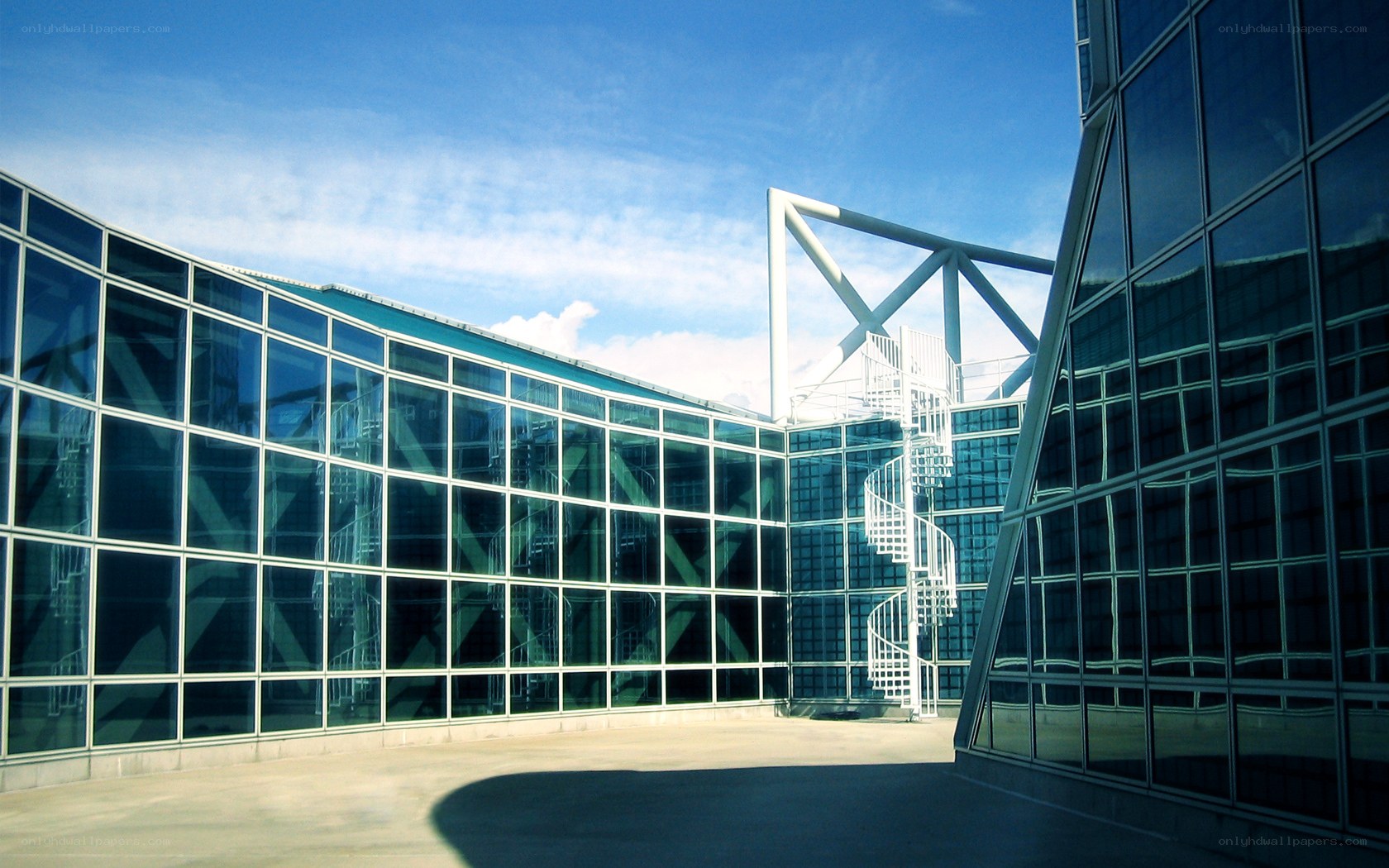 Modern glass building courtyard