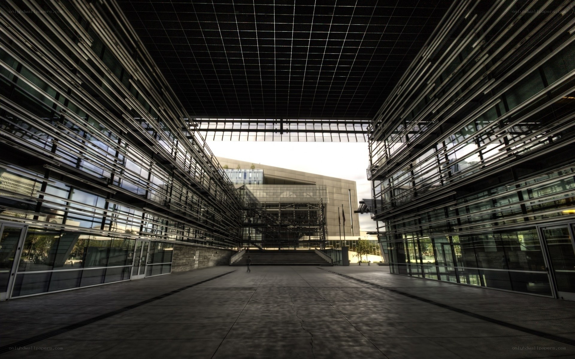 modern glass building courtyard