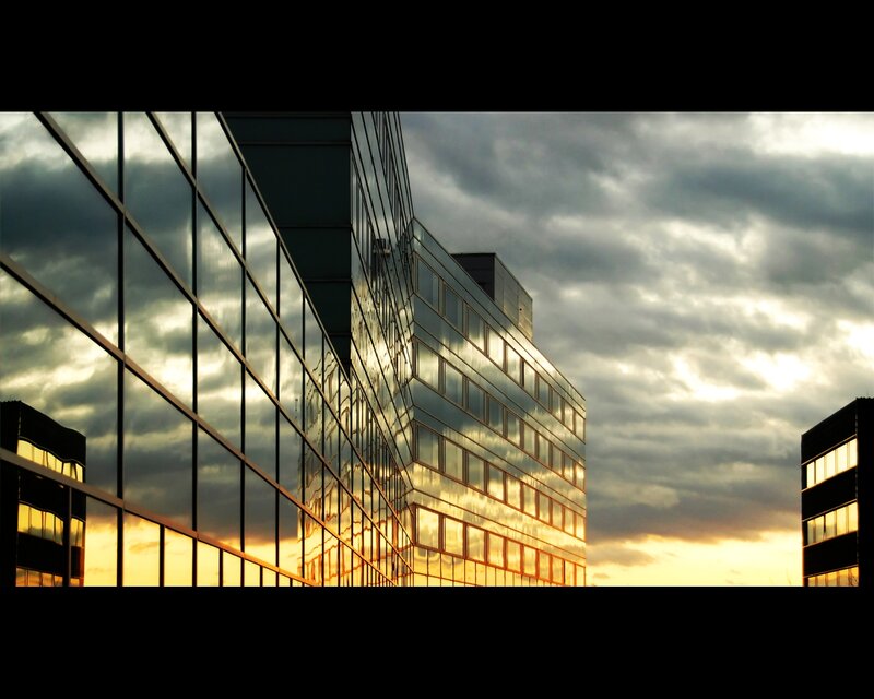 Modern Glass Building — Gray, Dramatic, Sunset