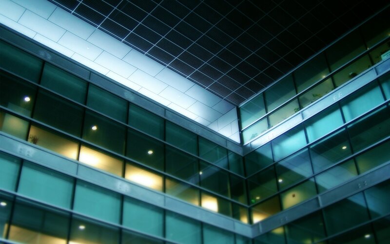 Modern Glass Building Interior — Blue, Dramatic