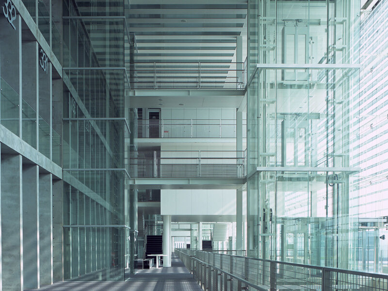 Modern glass building interior