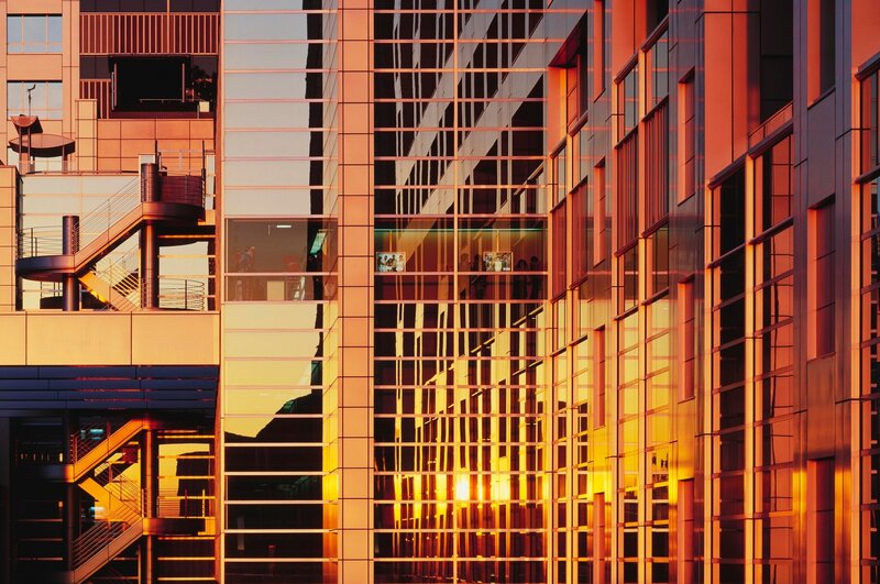 Modern Glass Building — Orange, Dramatic, Sunset