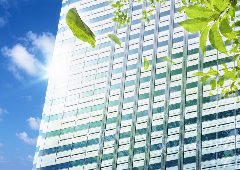 Modern glass building with green leaves