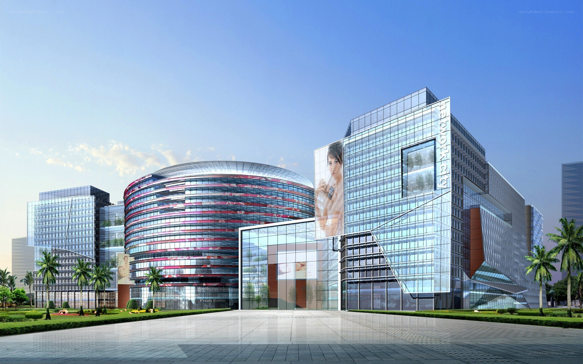 modern glass buildings complex