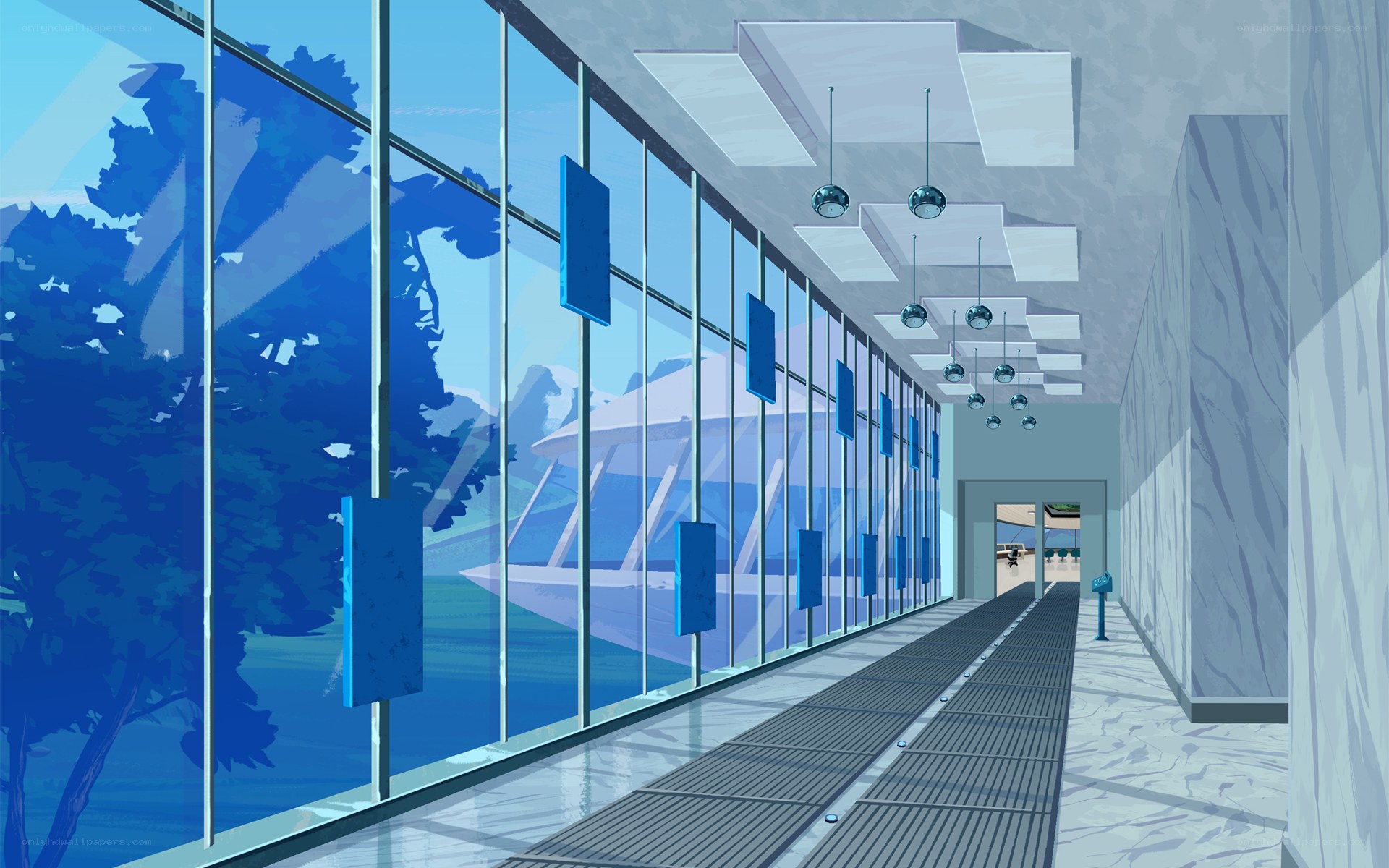 modern glass corridor with nature view