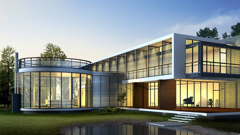 Modern glass house at dusk