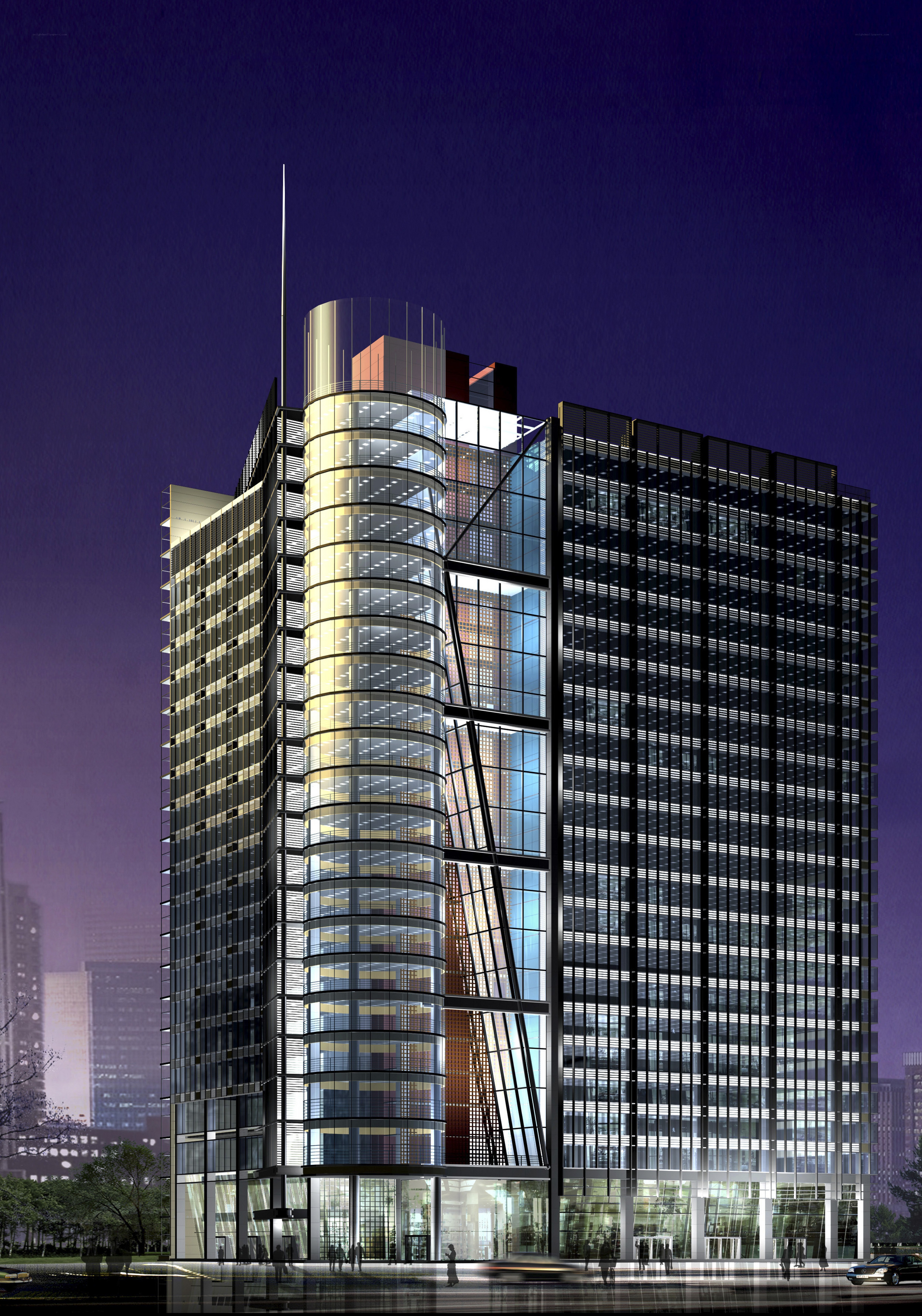 modern glass skyscraper at night