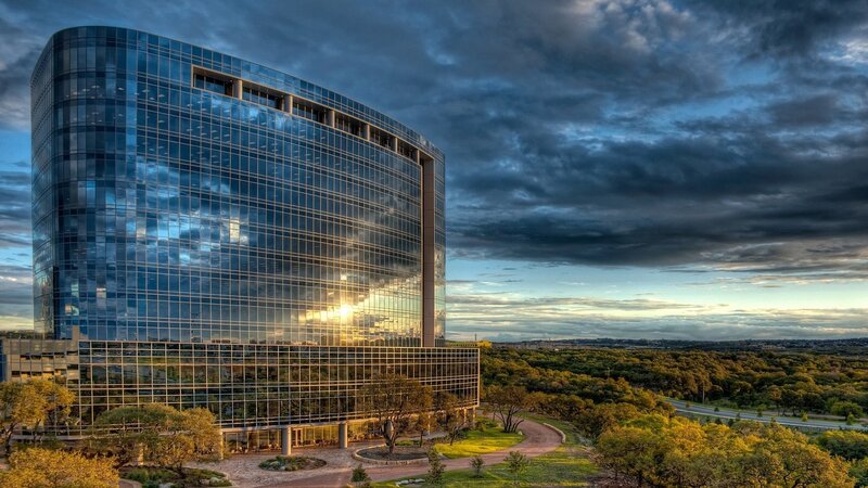 Modern Glass Skyscraper — Blue, Dramatic, Sunset, Photograph, Clouds